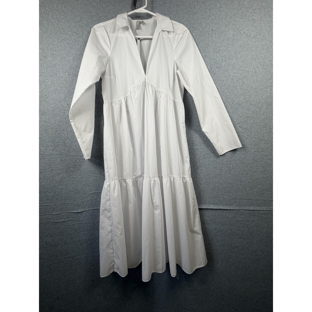 ASOS Dress Womens 4 White Long Sleeve Collared Tiered Shirt Midi Swing Trapeze